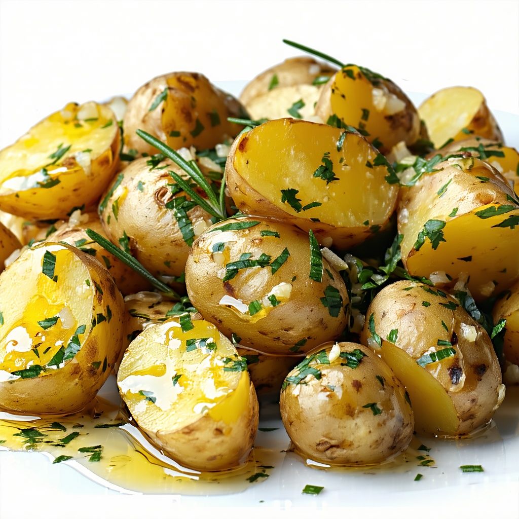 Golden herb-roasted new potatoes on a tray.