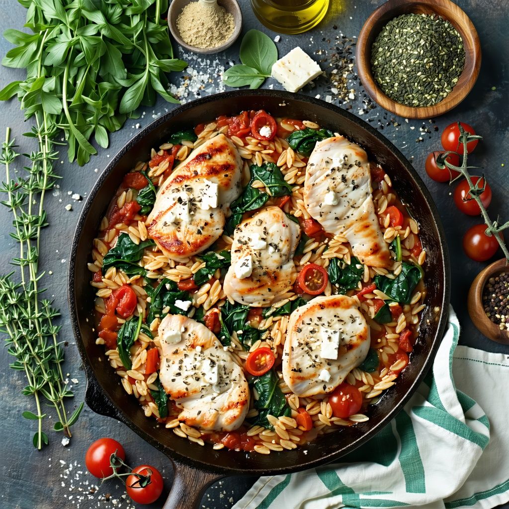 A baked dish of Greek chicken and orzo topped with melted feta