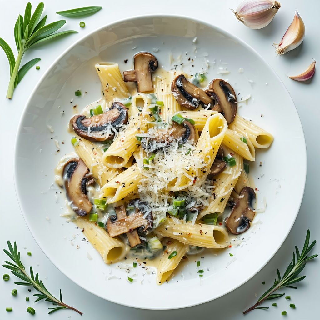 Creamy mushroom and leek pasta topped with Parmesan