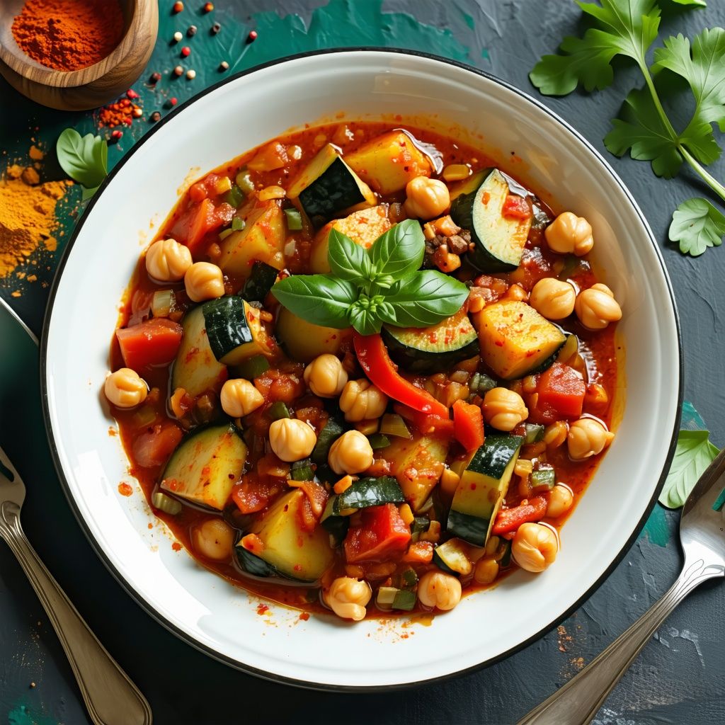 Aubergine and chickpea curry with red peppers in a bowl.