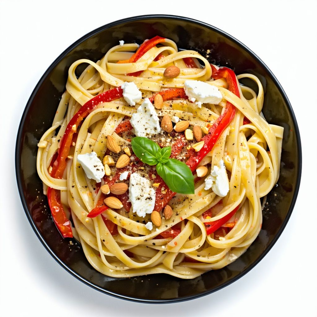 Creamy roasted pepper and ricotta linguine in a bowl.