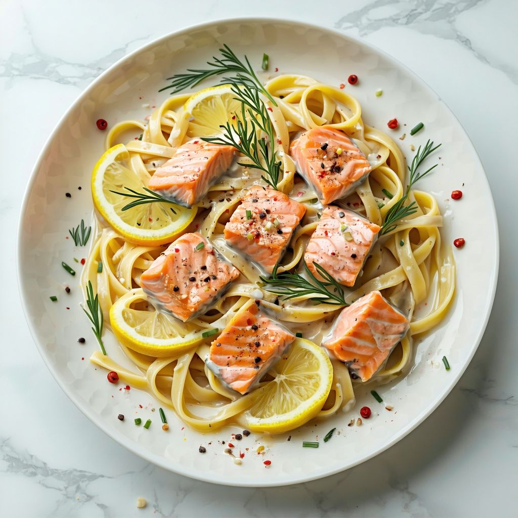 Bowl of creamy salmon linguine with lemon dill sauce