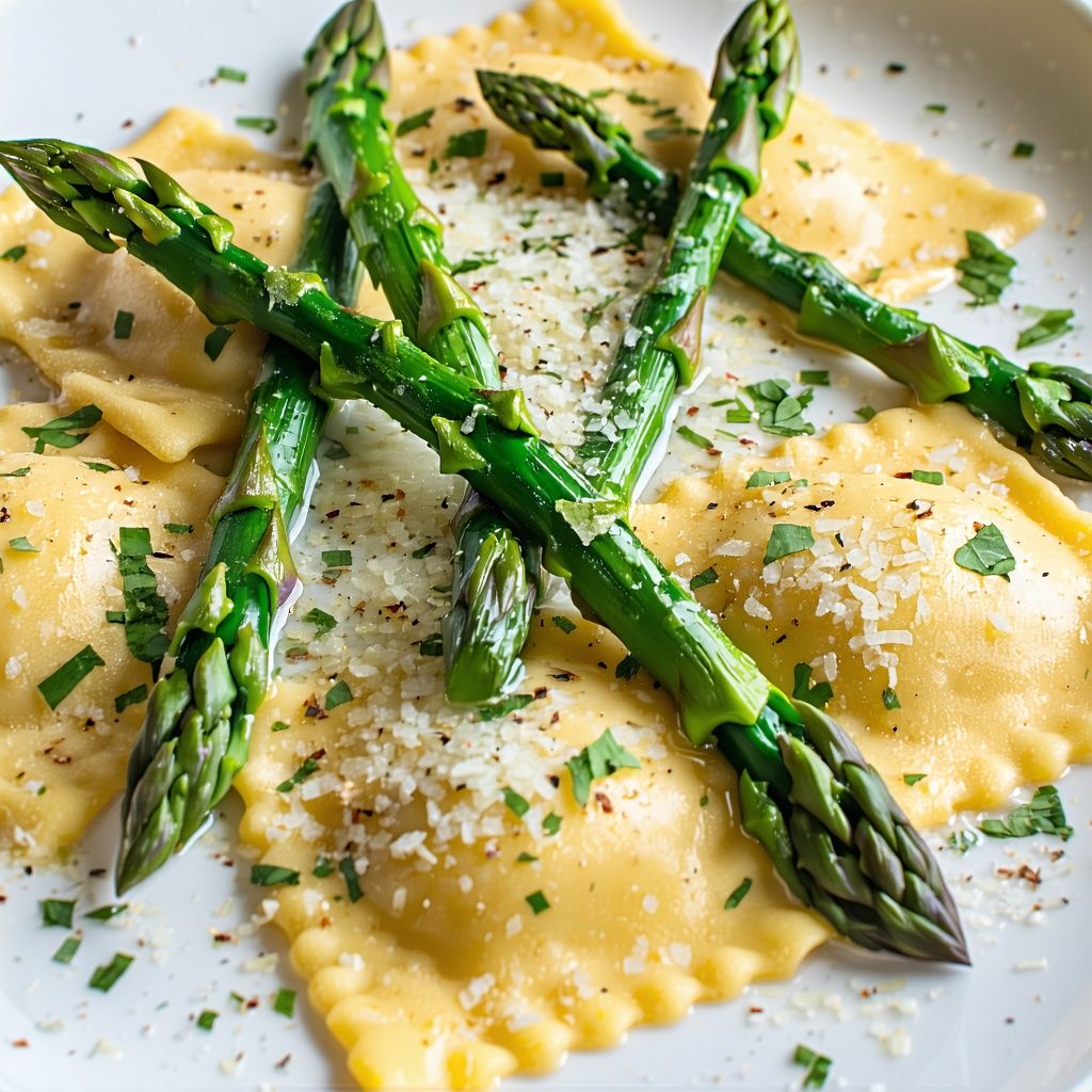 Asparagus and lemon butter ravioli scattered with fresh herbs on a plate.