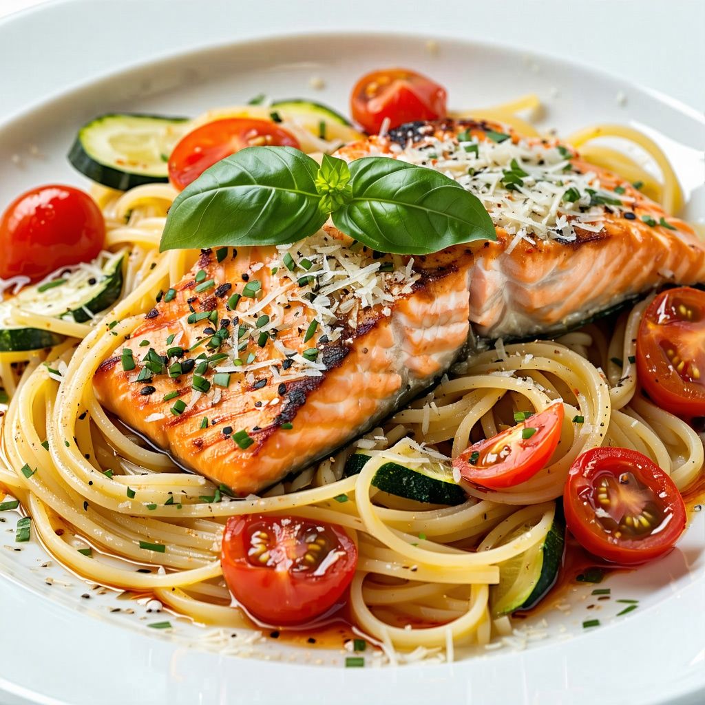 Roasted salmon and vegetable pasta primavera in a bowl.