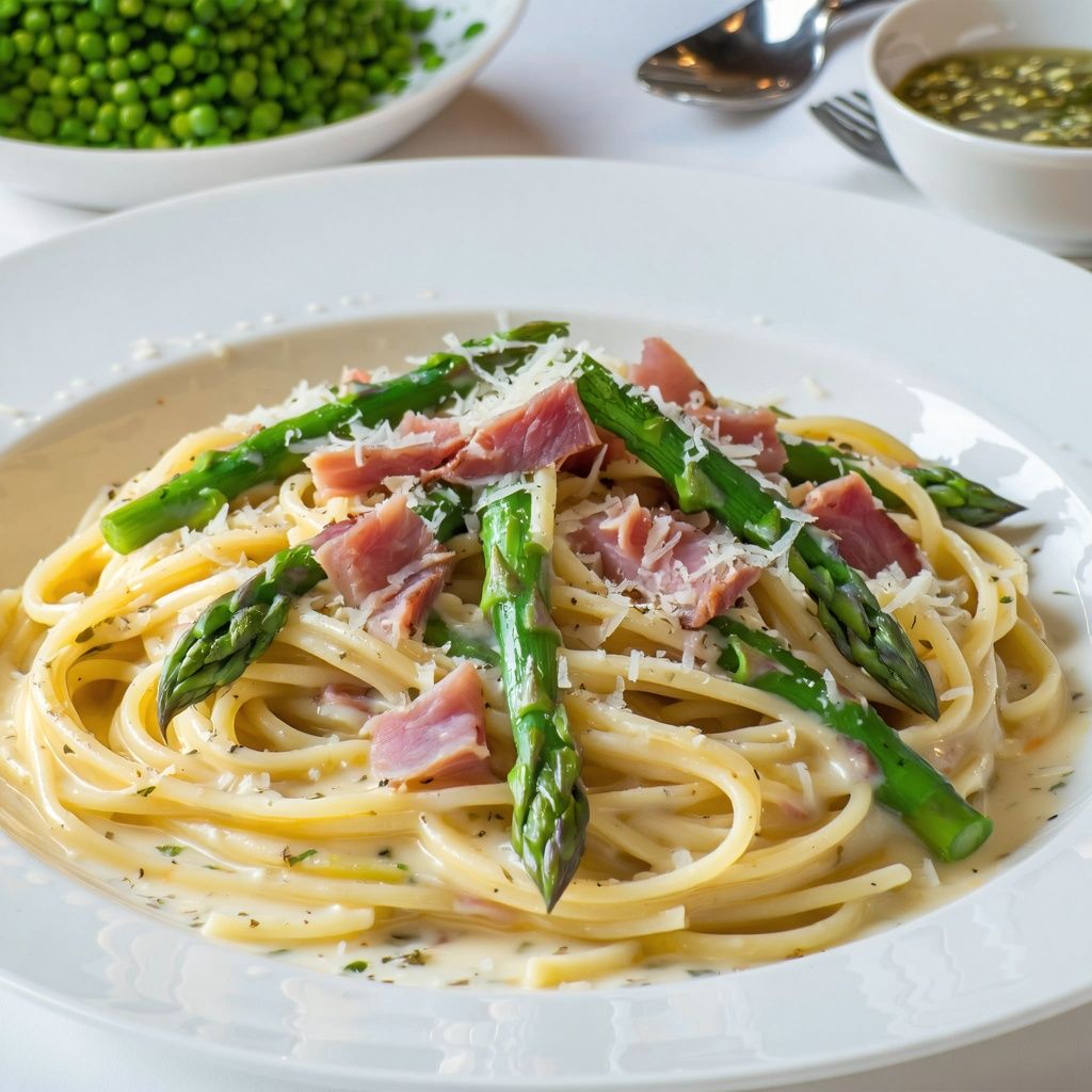 A plate of asparagus and ham pasta in a creamy sauce