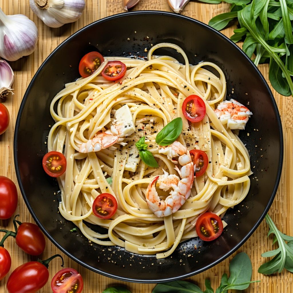 Crab and cherry tomato linguine with rocket and lemon.