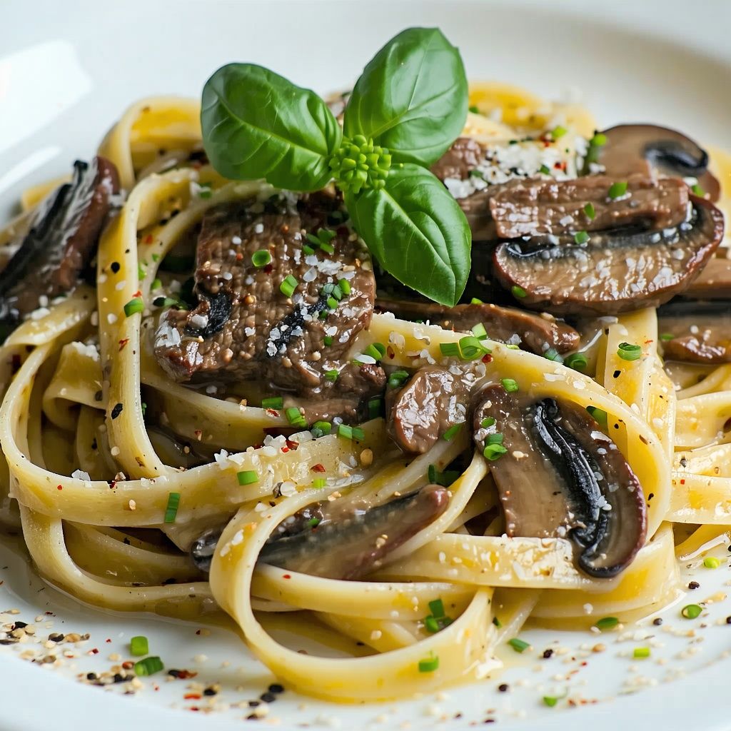 Seared steak and mushroom tagliatelle in a peppery cream sauce