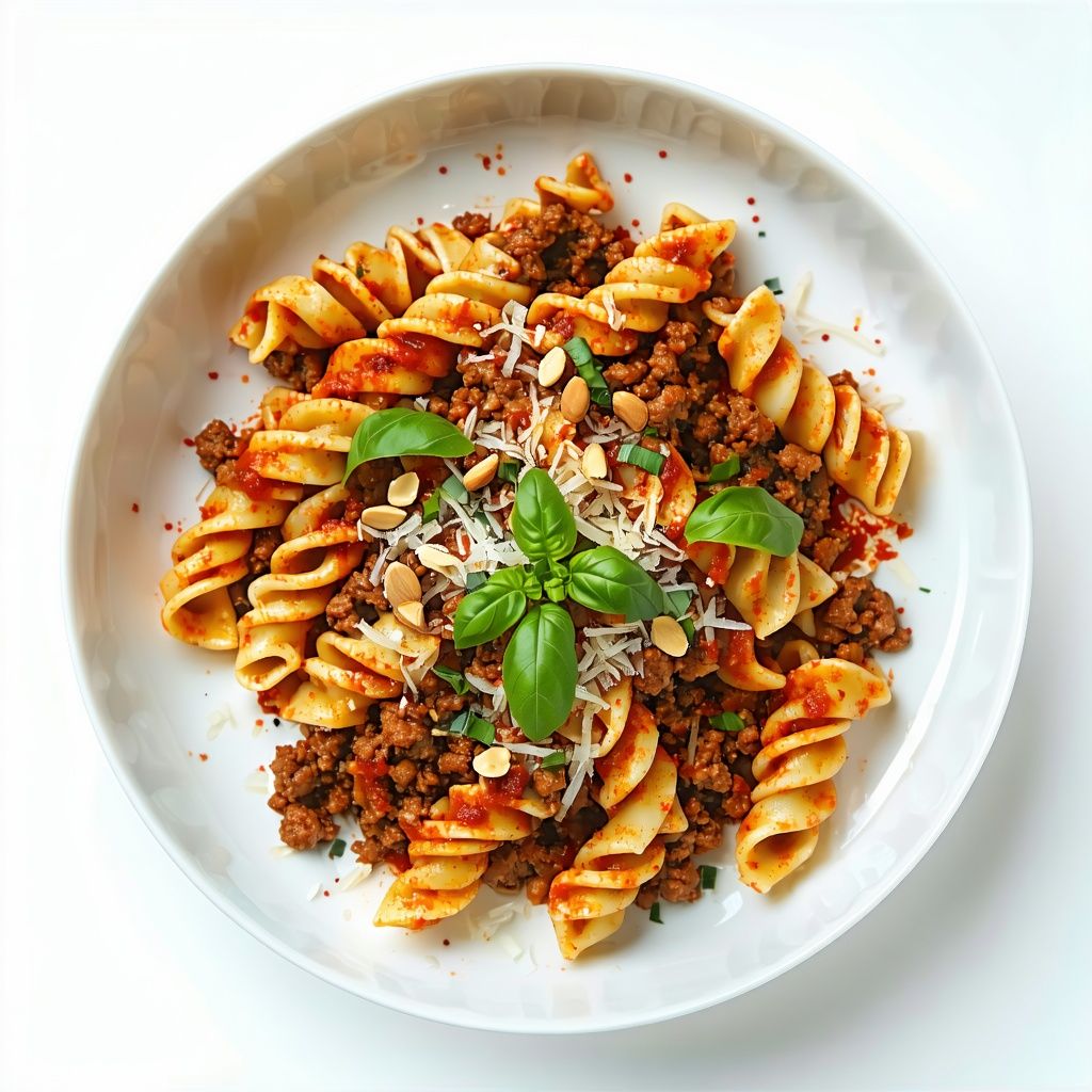 Spicy lamb fusilli with harissa, yogurt sauce and pine nuts.
