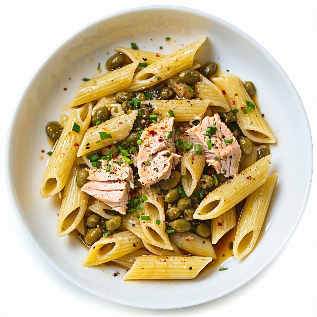 A bowl of tuna and butter bean pasta with capers and fresh herbs