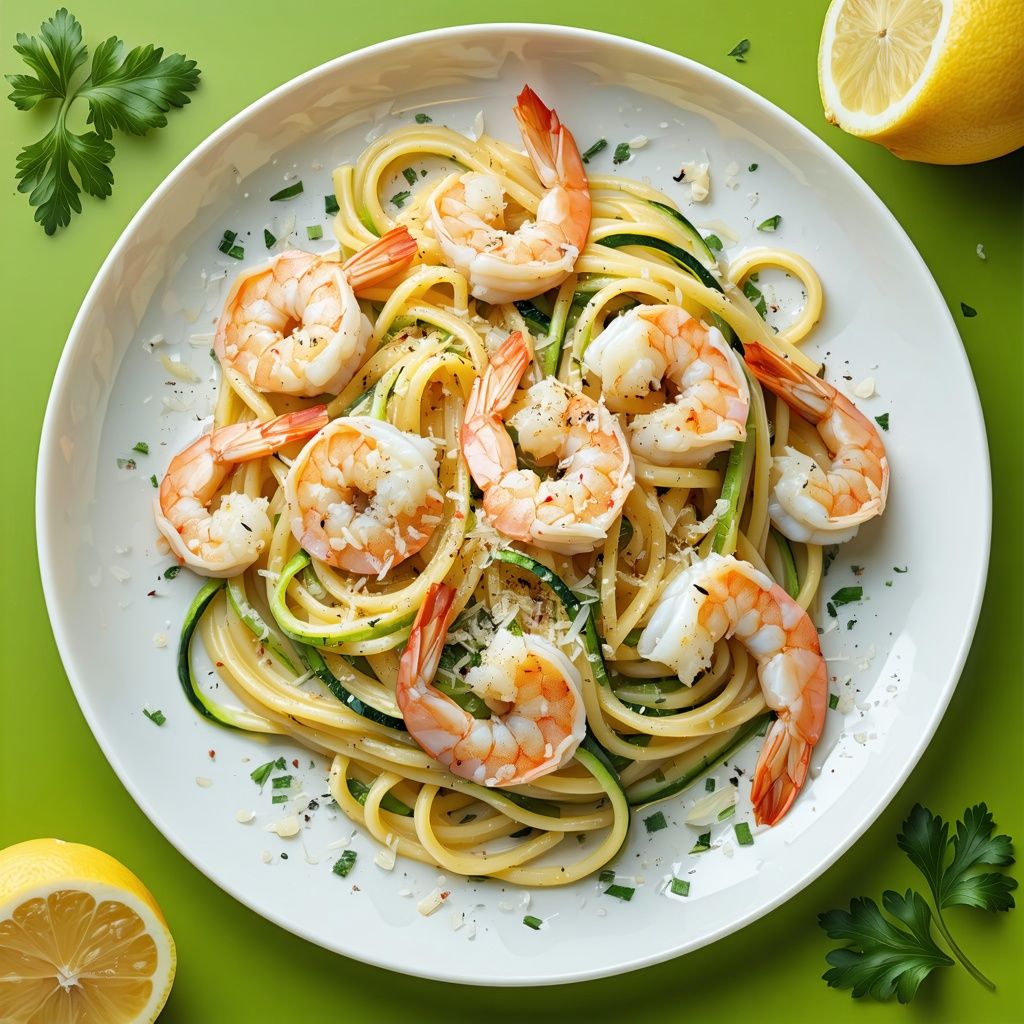 Prawn spaghetti with courgettes in a lemon sauce.