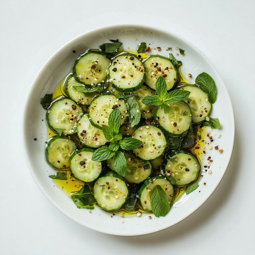 Crisp cucumber and herb salad sprinkled with red sumac in a bowl.