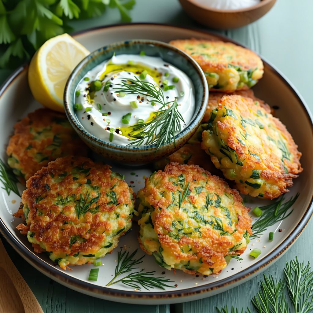 Crispy lentil and courgette fritters served with herby yogurt.