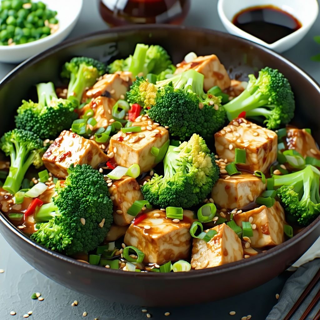 A bowl of tofu and broccoli stir-fry glazed in a glossy soy sauce