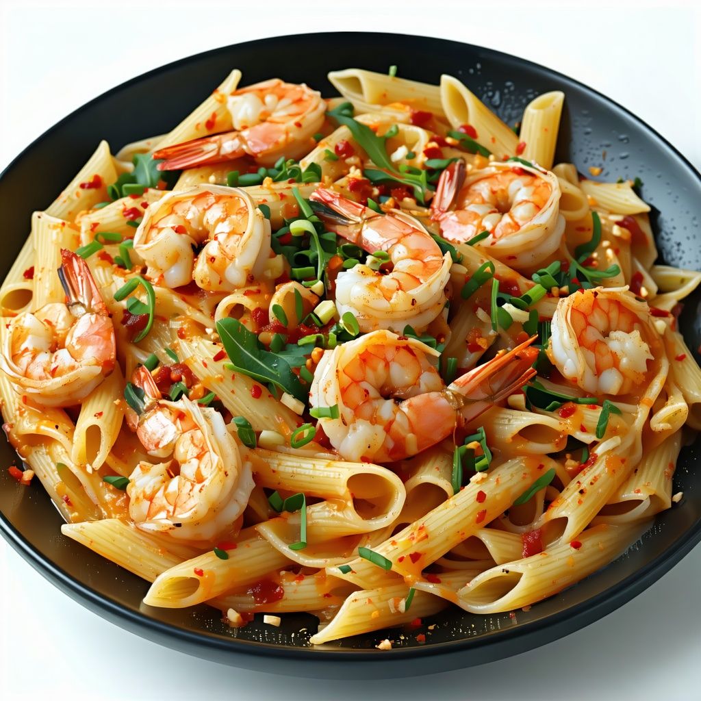 Spicy prawn pasta tossed with rocket in a chilli sauce