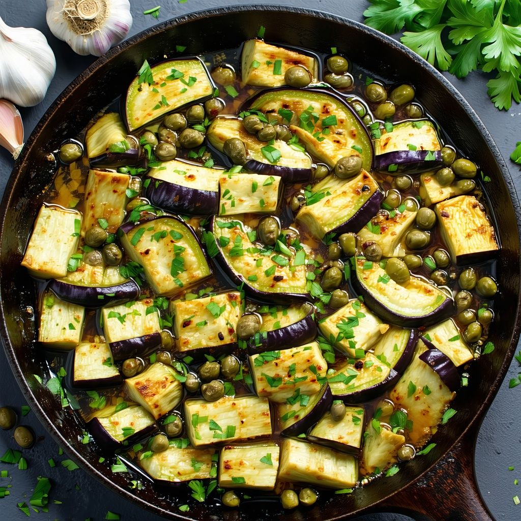 Golden pan-fried Mediterranean aubergine cubes with capers and fresh parsley on a plate.