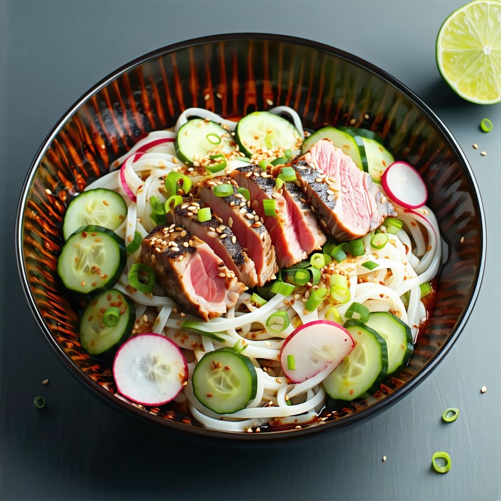 Seared tuna slices over rice noodles and vegetables with wasabi dressing.