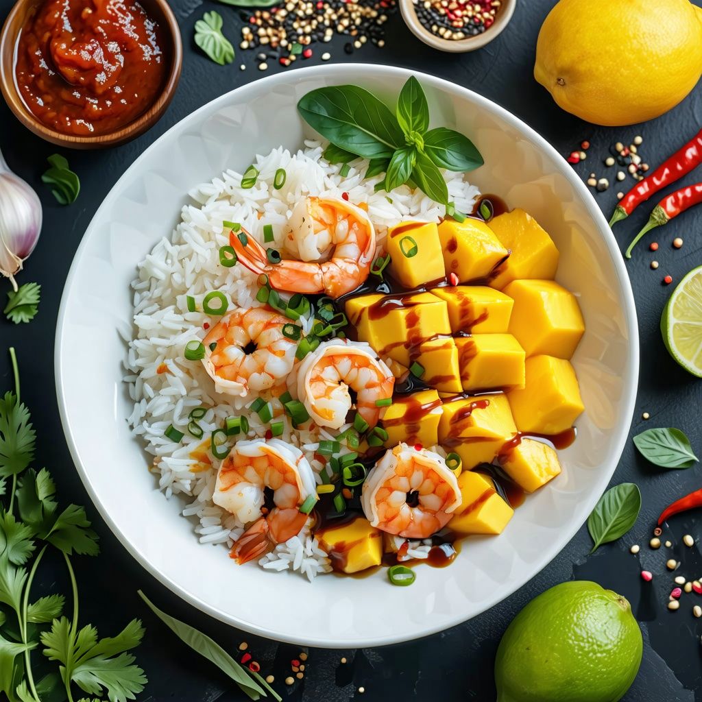 Prawns in mango chutney glaze over basmati rice with mango salsa.