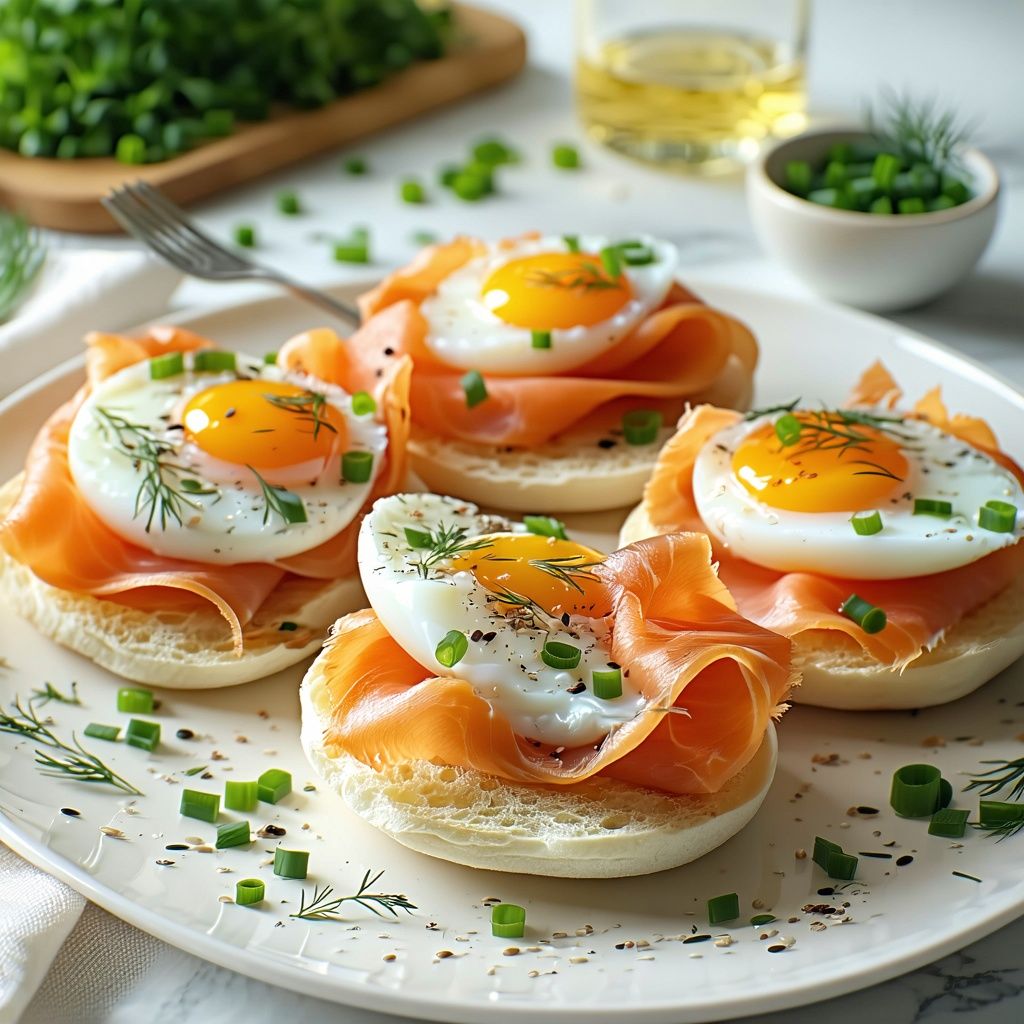 Smoked salmon and scrambled egg English muffins.