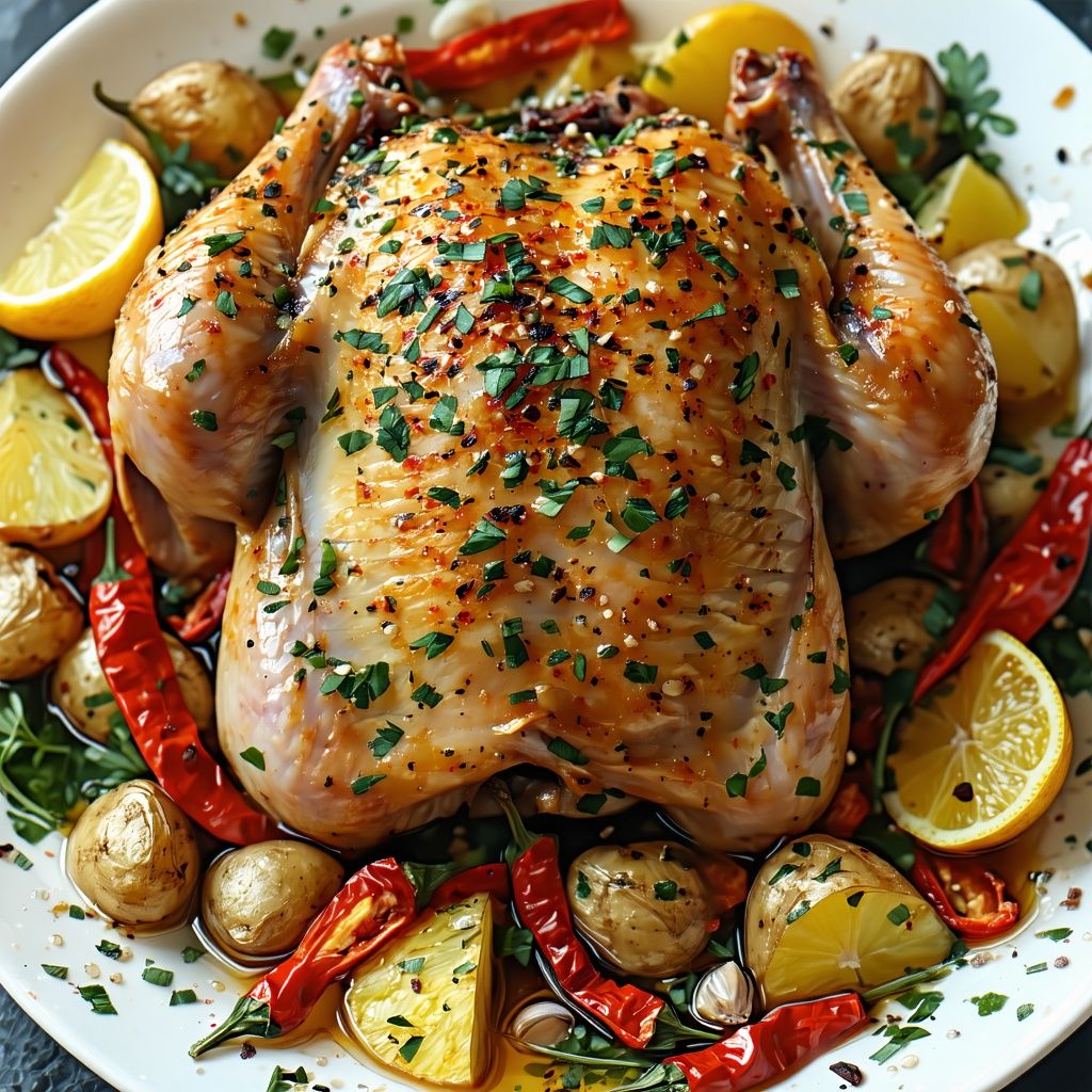 Whole zesty roast chicken with herb-roasted potatoes and parsley salsa