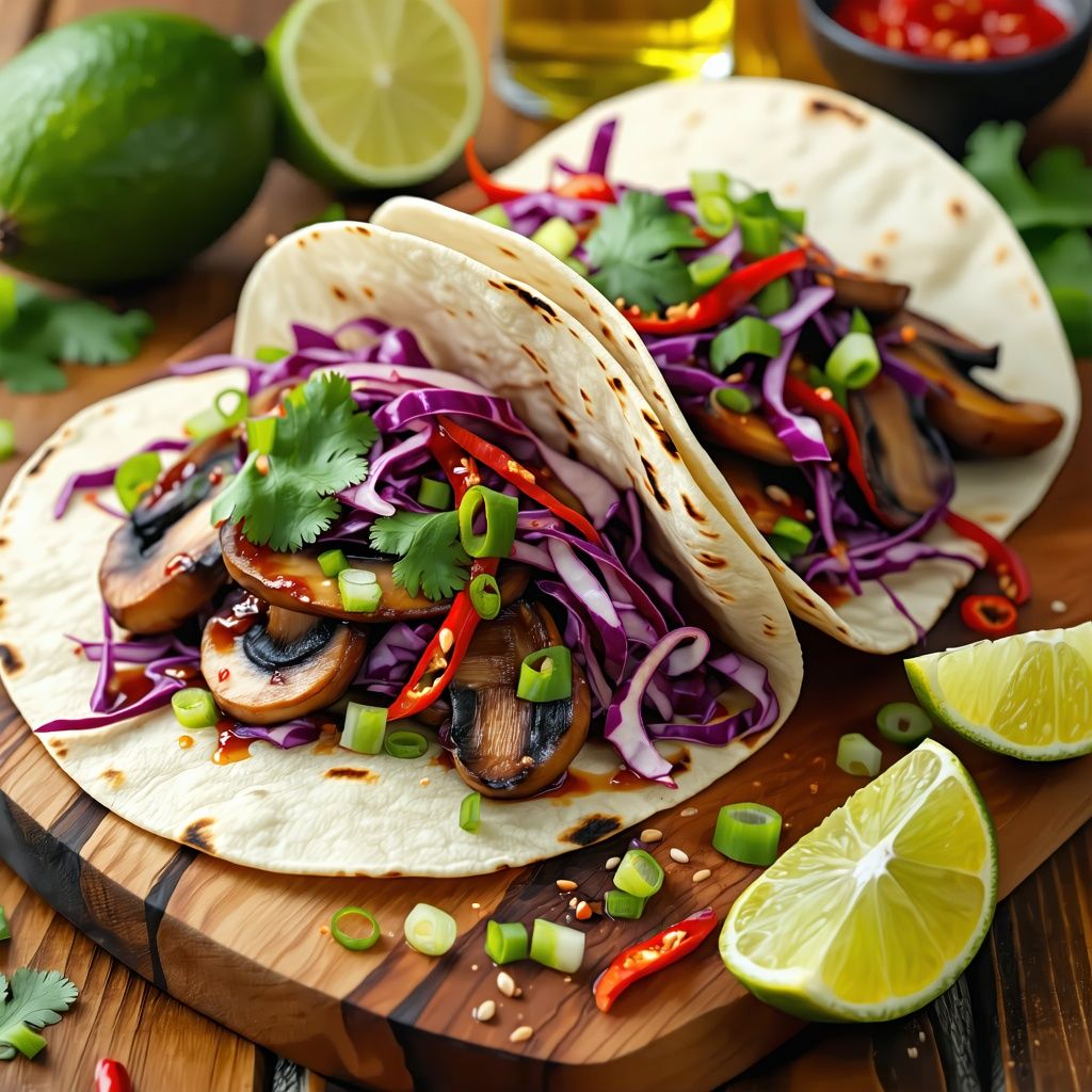 Tacos filled with seared king oyster mushrooms and tangy slaw