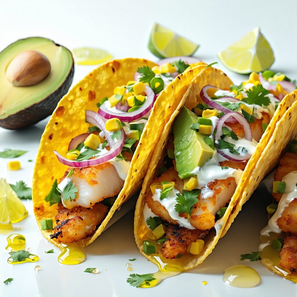 Crispy battered fish tacos with avocado salsa