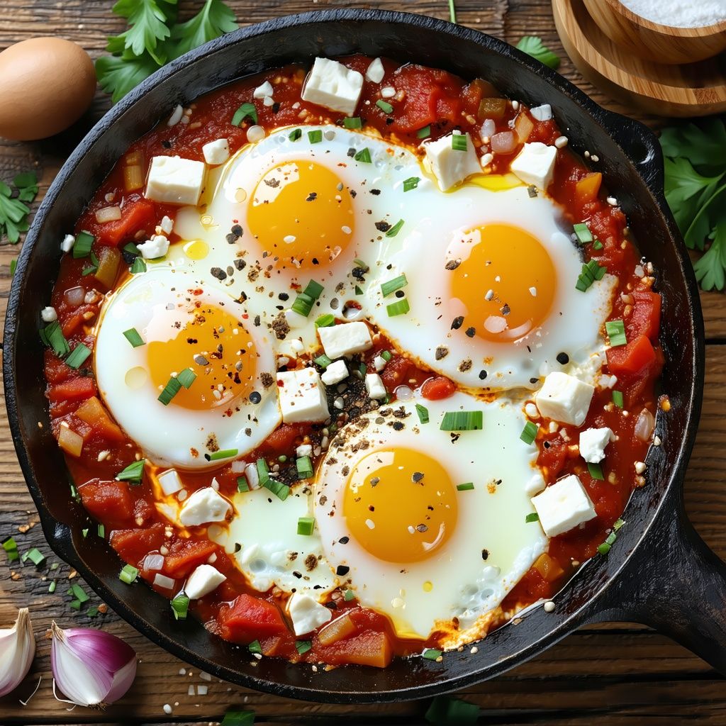 Skillet of shakshuka with poached eggs in spiced tomato sauce and feta