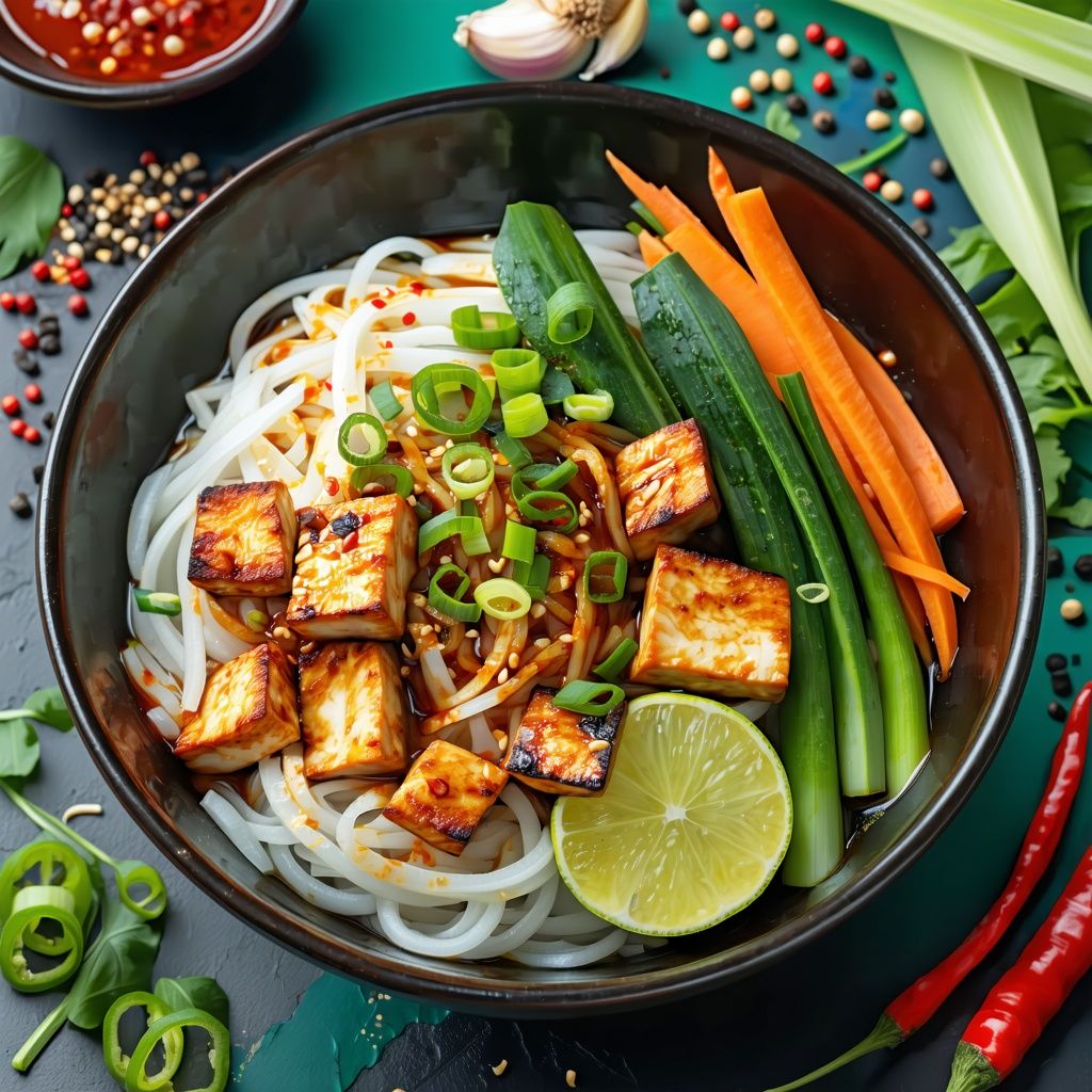 Crispy tofu noodle bowl with vegetables and lime dressing