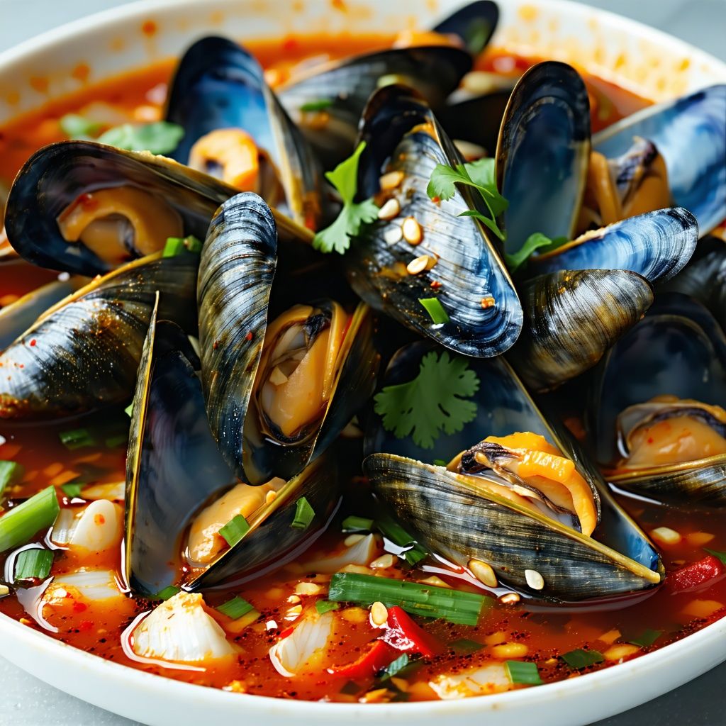 Pot of mussels in a spicy coconut broth