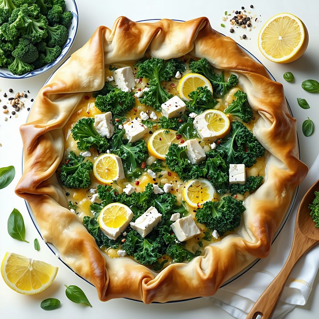 Golden filo pastry pie filled with kale and feta on a wooden board