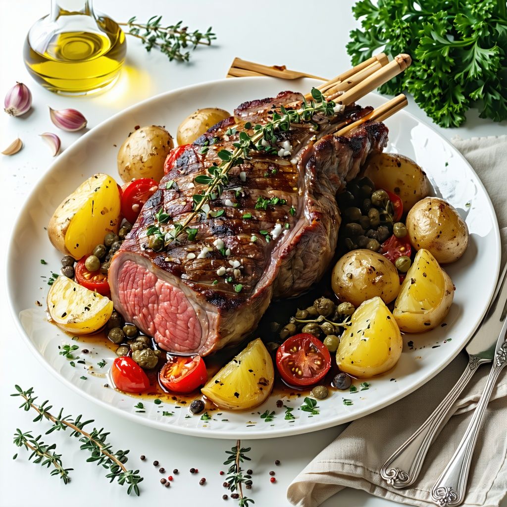 Whole Greek-style roast lamb with aubergines and crispy potatoes