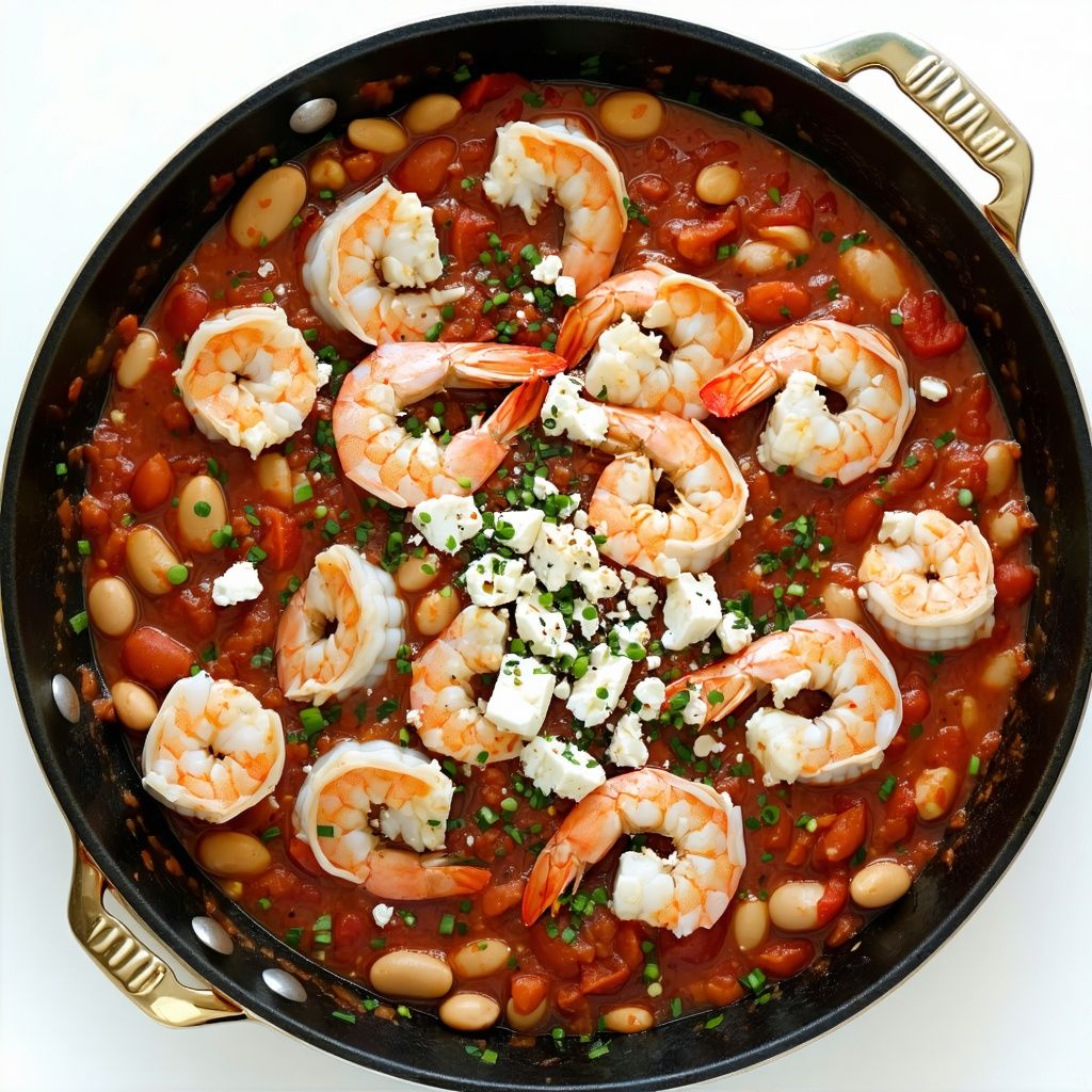 Skillet of prawns and butter beans in tomato sauce with feta