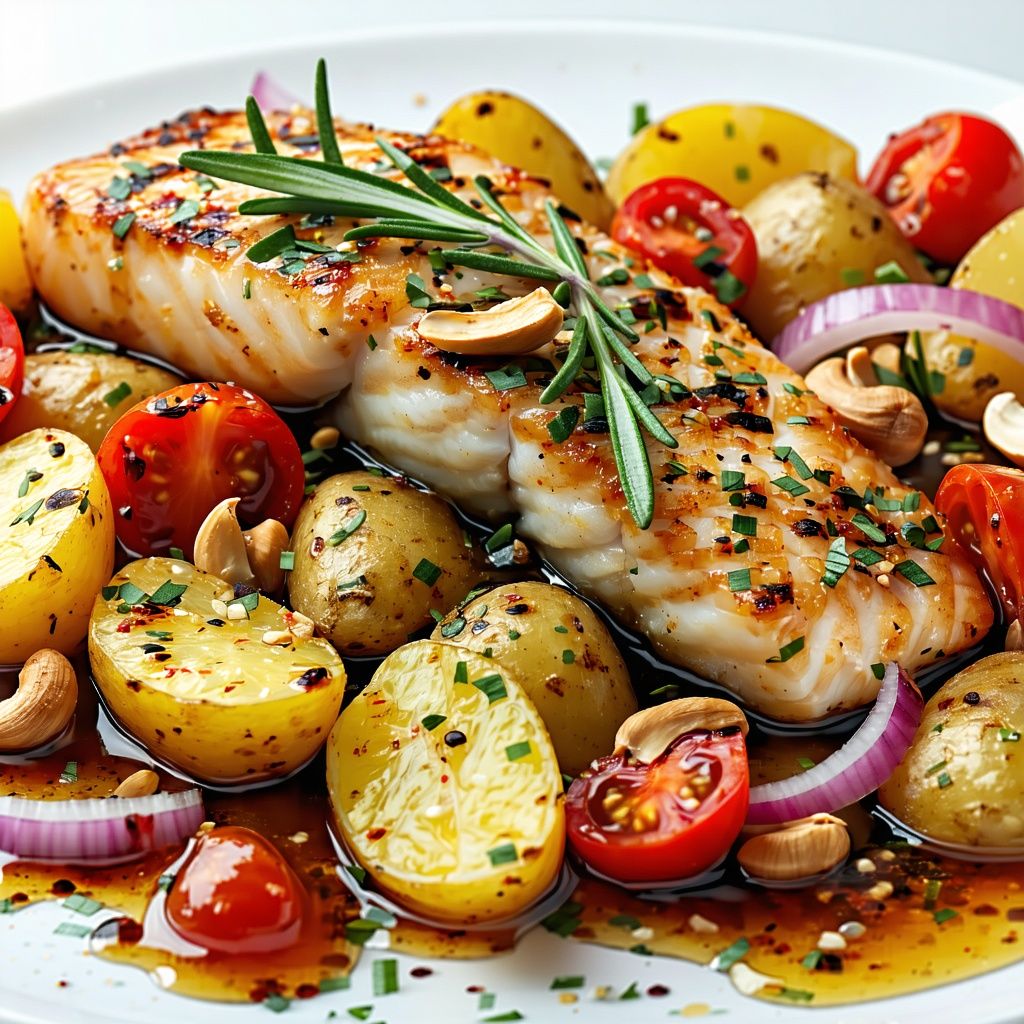 Baked sea bass with potatoes, tomatoes and cashews