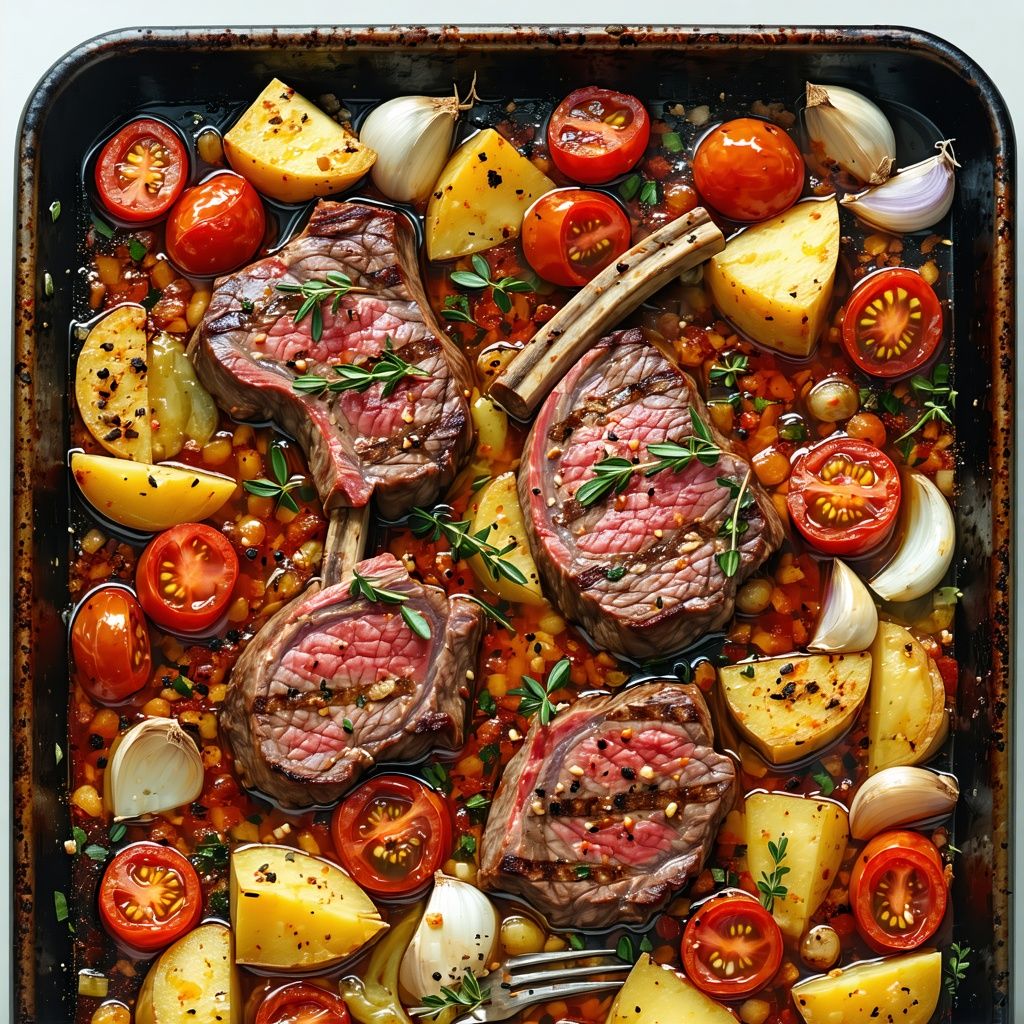 Traybake of lamb chops with roasted potatoes, onions and tomatoes