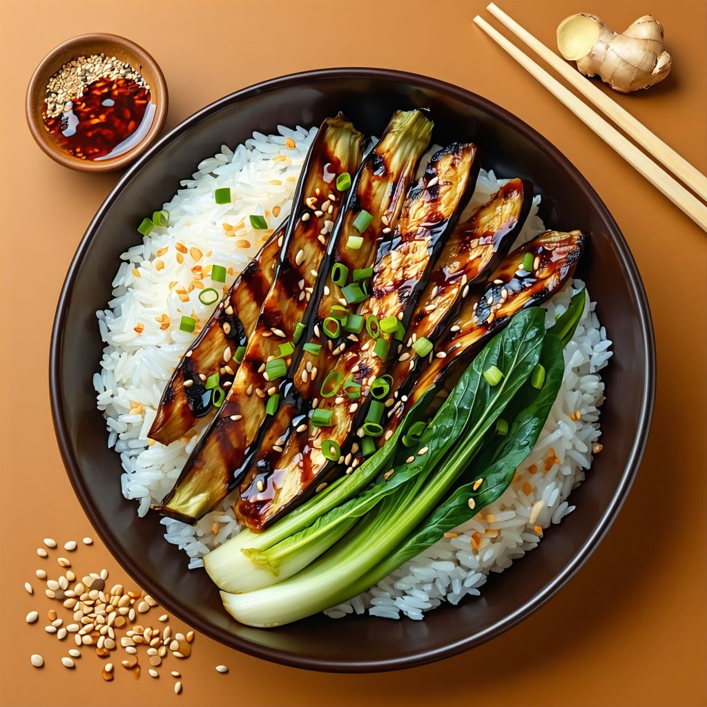 Teriyaki glazed aubergine bowl with rice and pak choi