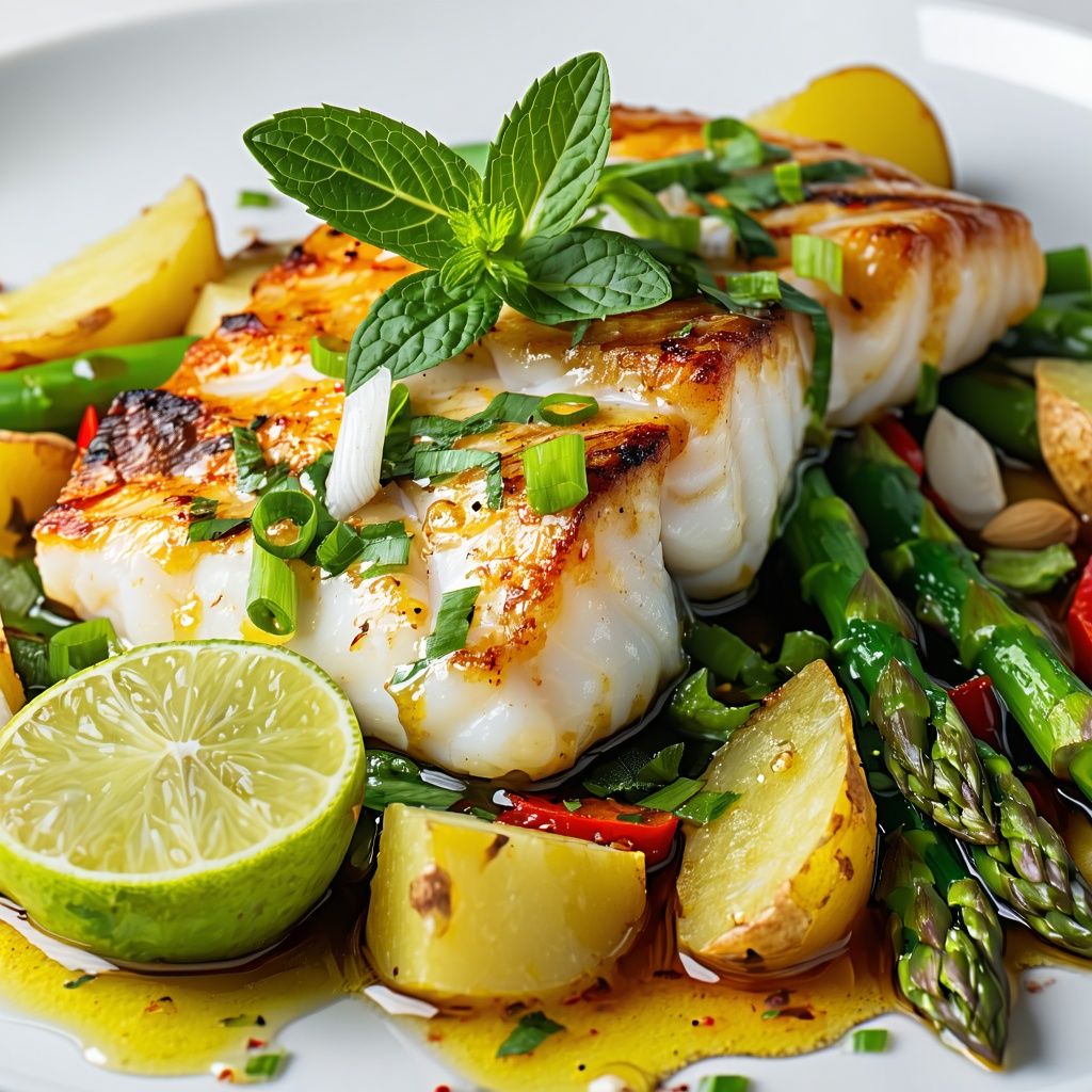 Salmon fillets with roasted potatoes, asparagus and onions