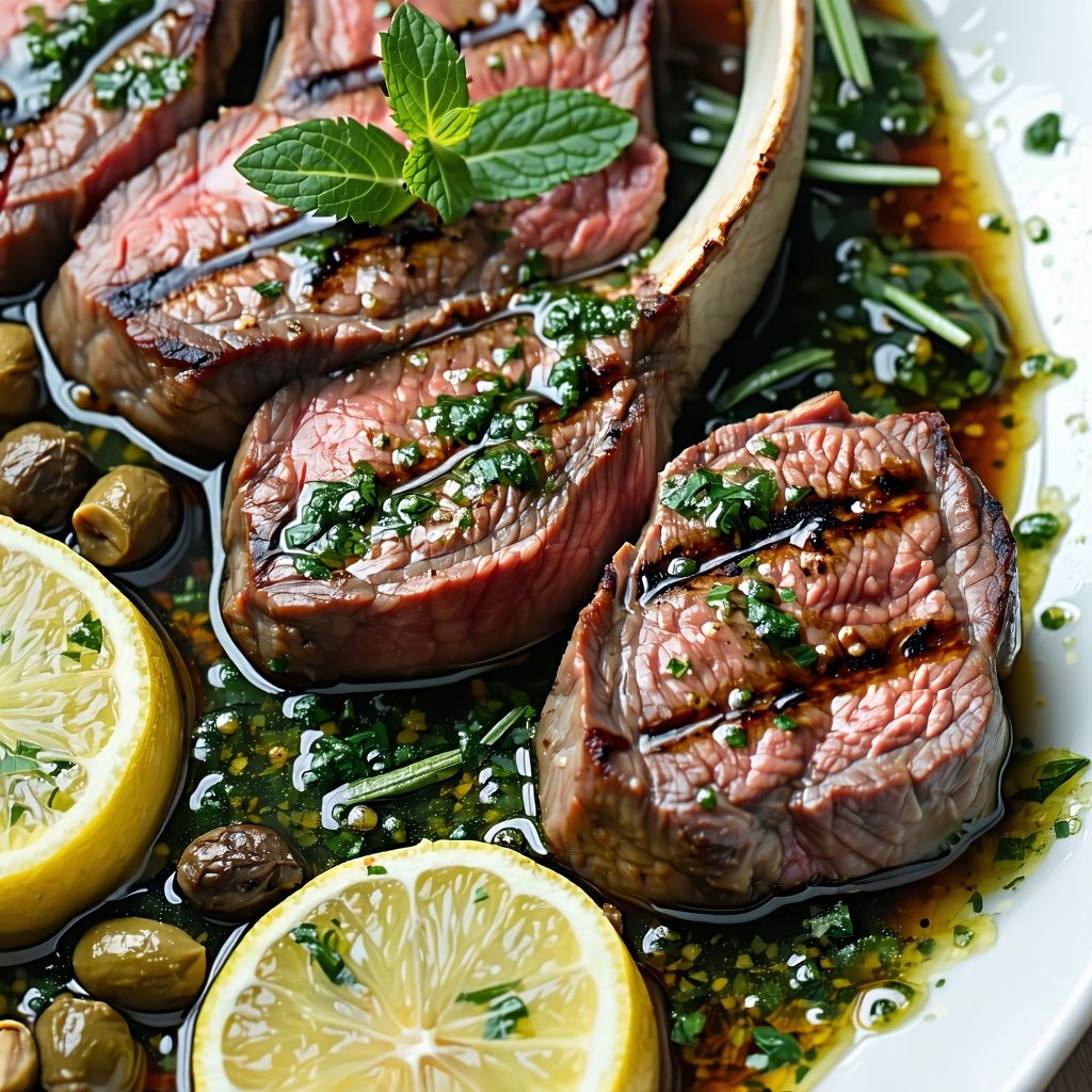 Grilled herbed lamb steaks with mint sauce