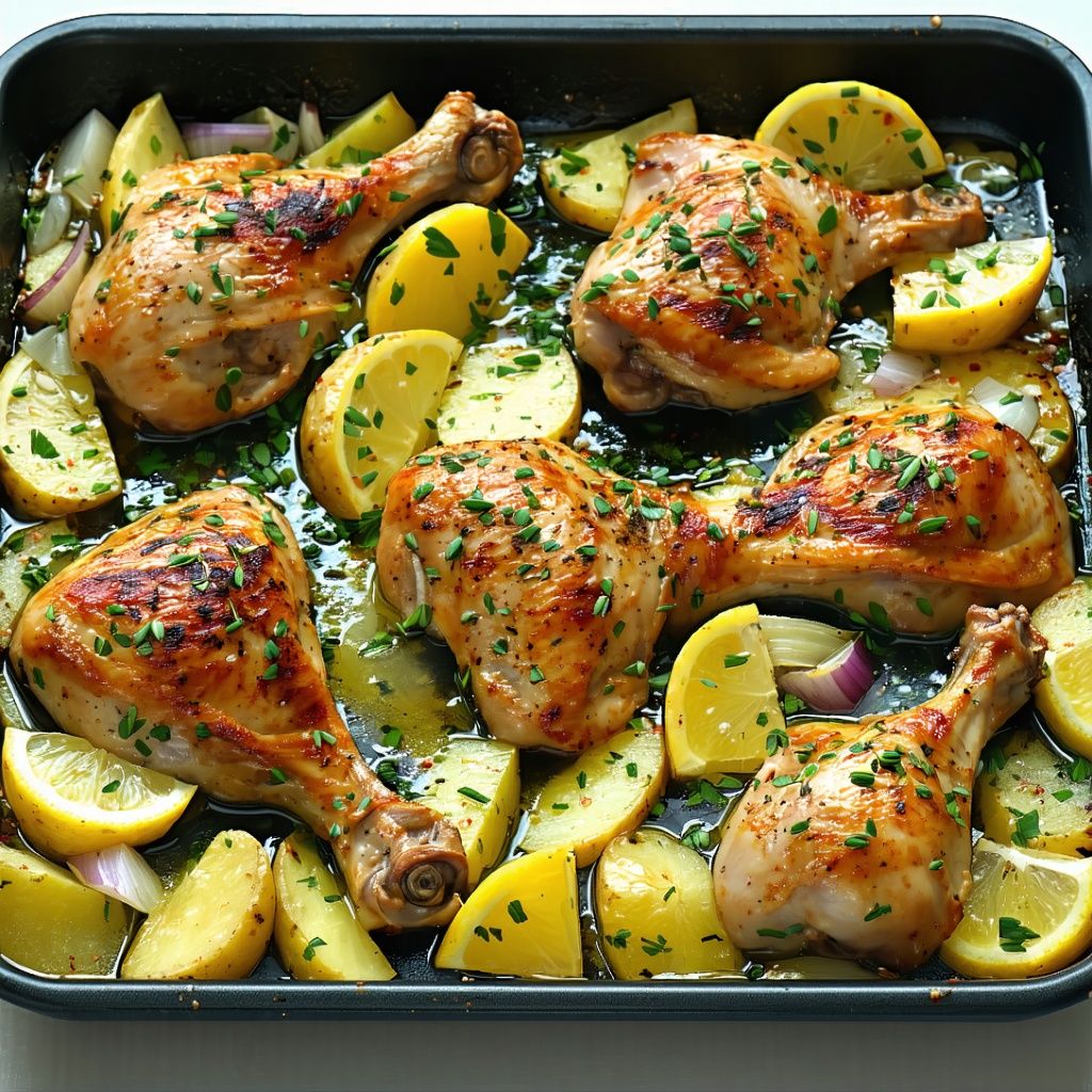 Traybake of herby roast chicken with potatoes