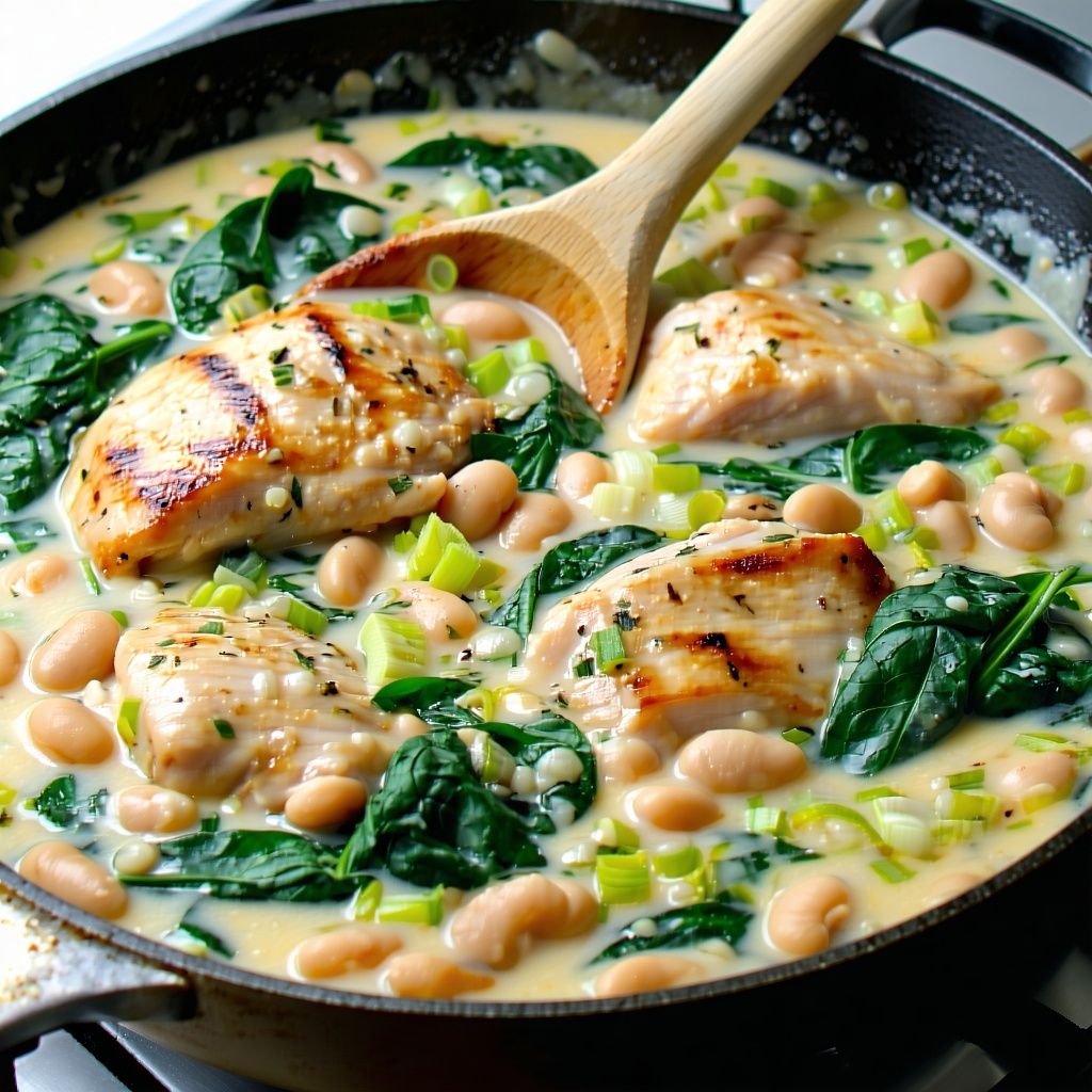 Skillet of creamy chicken and beans with wilted spinach