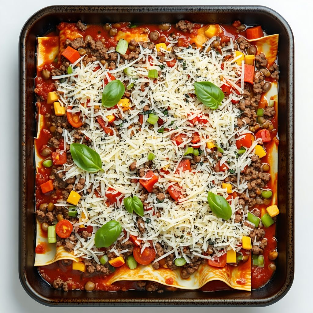 Baked beef and lentil pasta bake topped with melted cheese