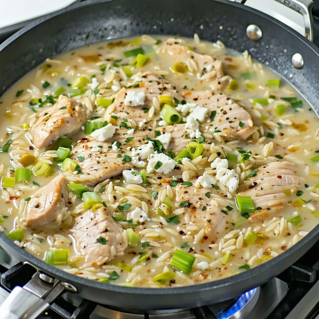 One pan chicken and orzo with melted feta sauce